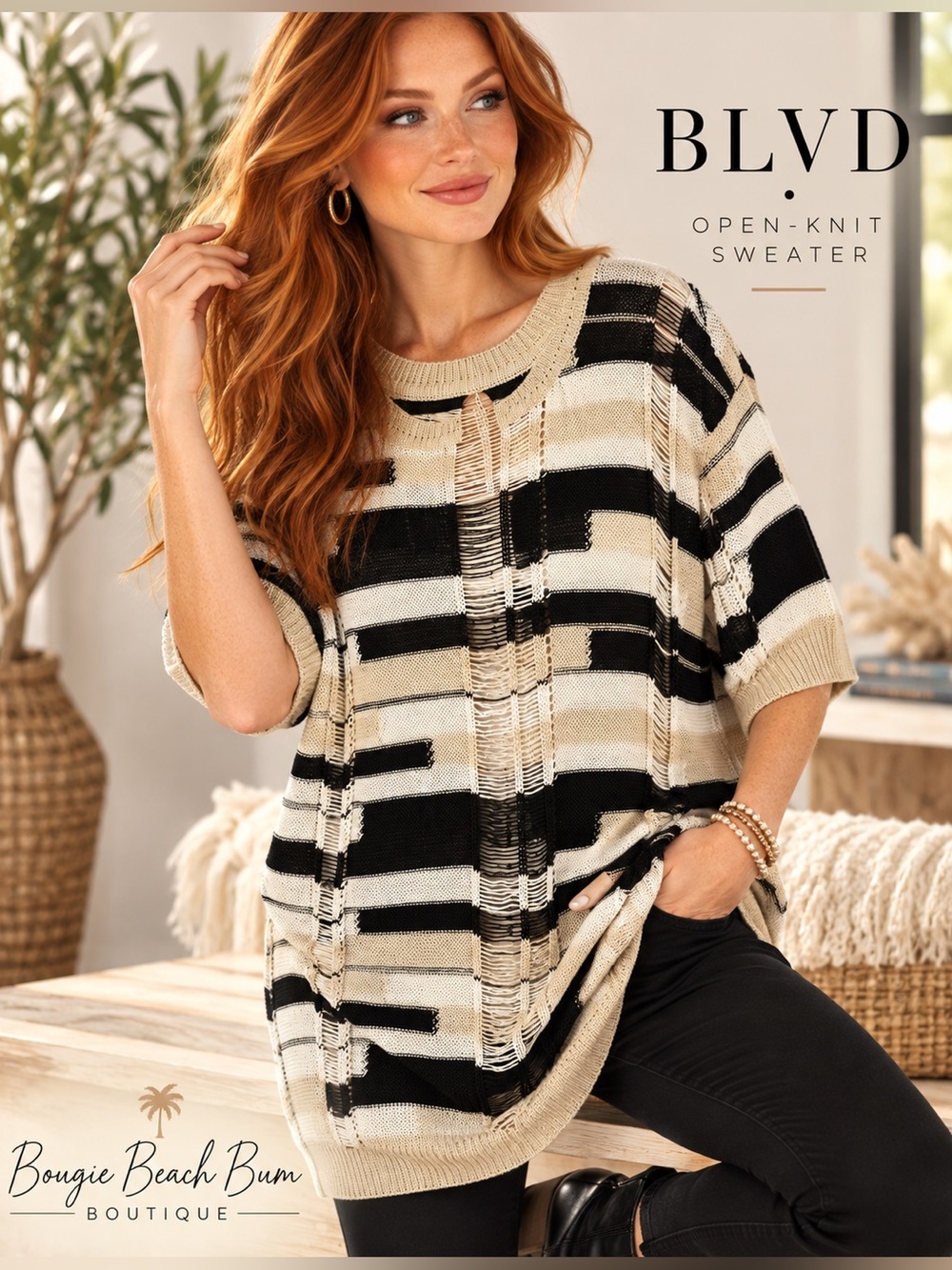 BLVD Distressed Open-Knit Striped Sweater Tunic One Size